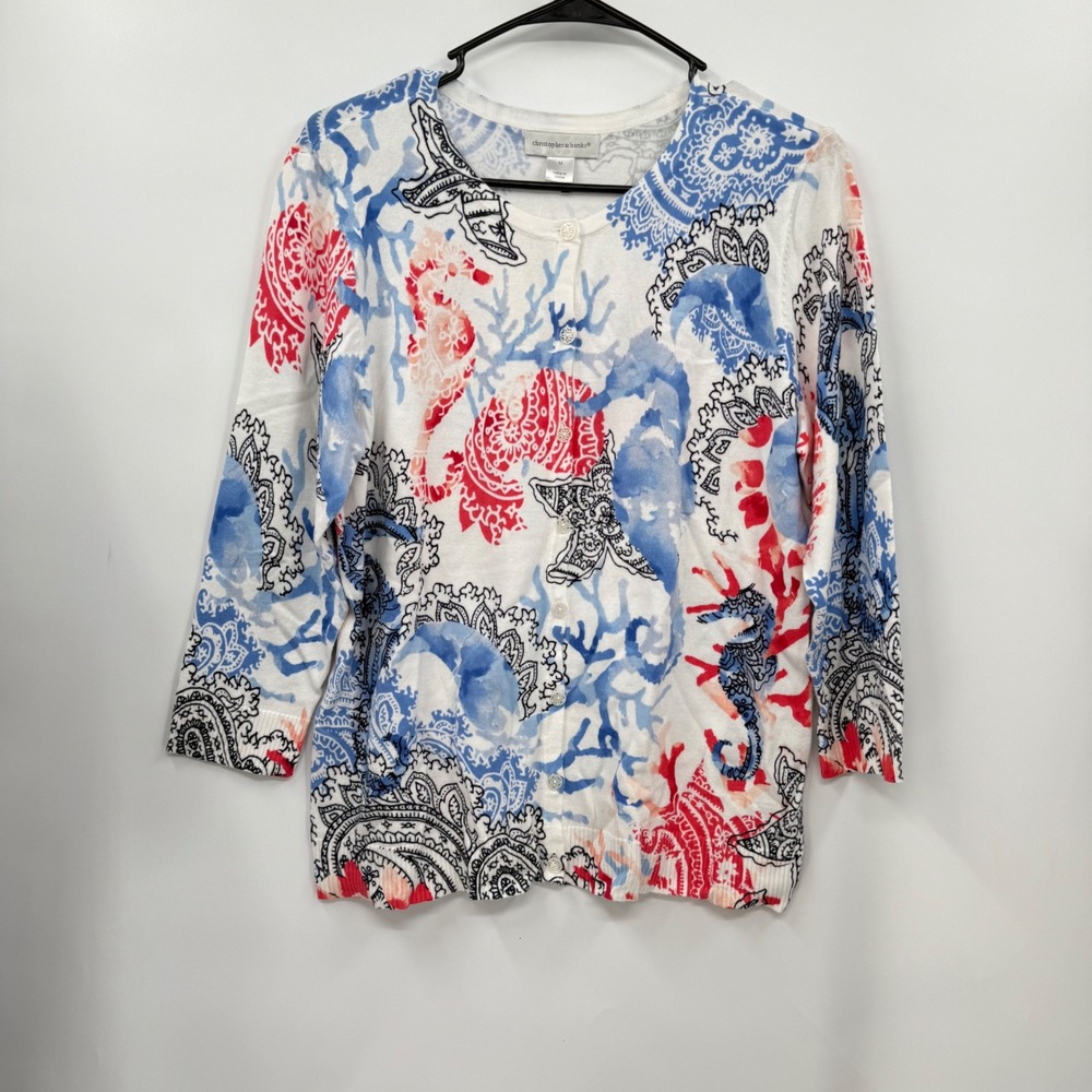 Christopher & Banks W Cardigan Sweater M White Blue Red‎ Nautical Coral Print
